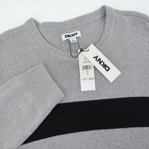 DKNY Men Heather Grey Black Stripe Logo Crewneck Sweater Size L